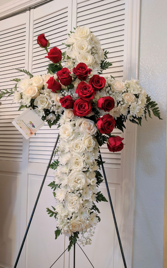 White Rose Cross with Red roses