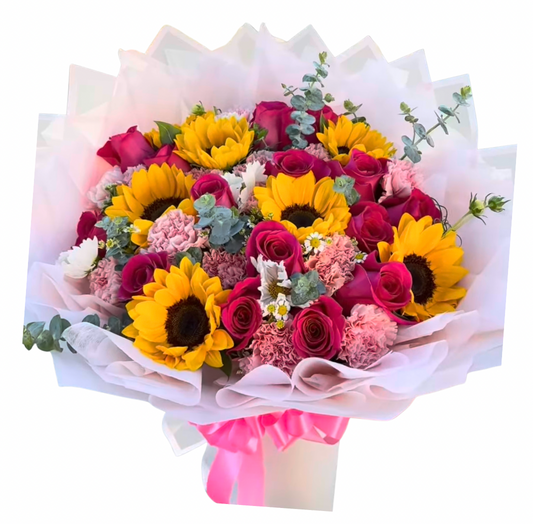 Mixed Flower Arrangement – 10 Roses, 10 Carnations & 6 Sunflowers