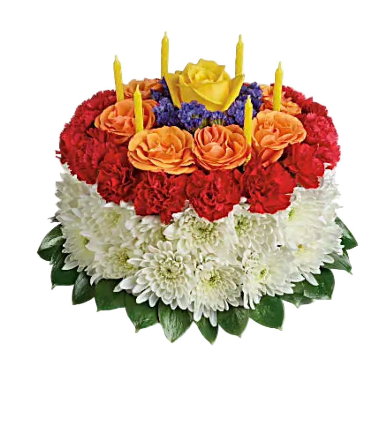 Floral cake with candles on a website page for ordering flowers.